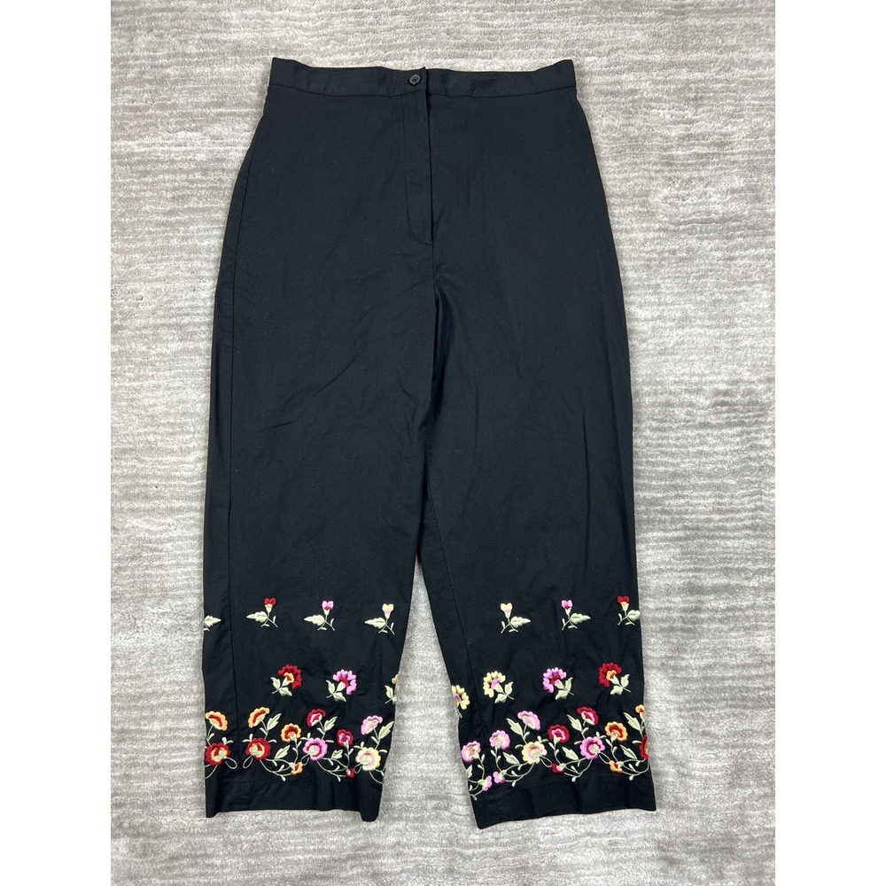 Larry Levine Pants Womens 12 Black Sport Stretch Floral Embroidered Crop Tapered